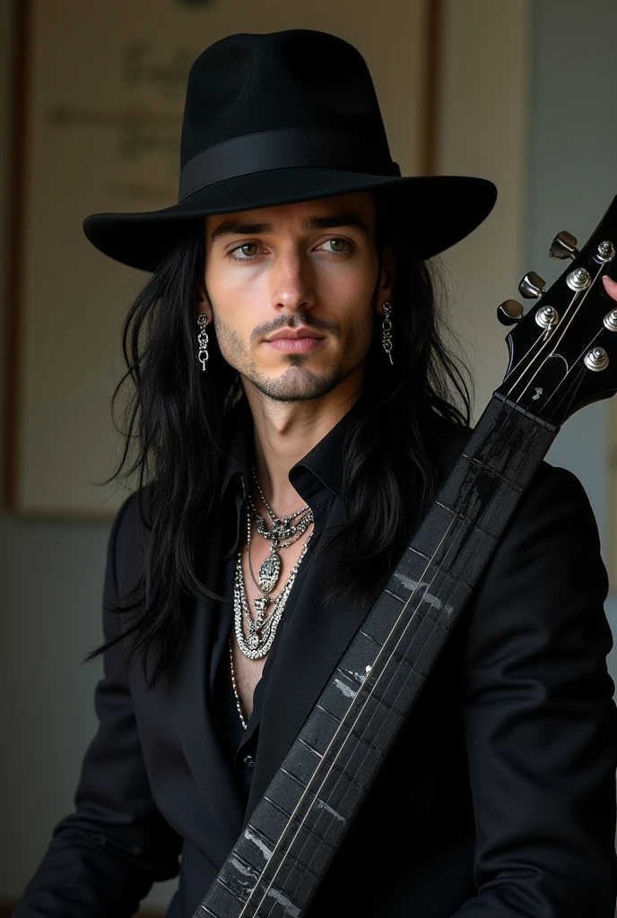 A handsome man with long black hair and a black hat with chains, black spike earrings, a black suit, chains and necklaces on the neck, a black guitar on the back with white,