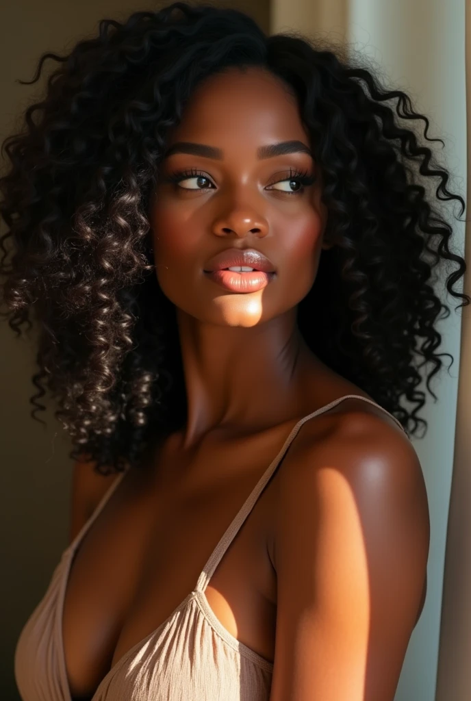 there is a black woman , the woman has curly black , she has brown skin, with dark brownish skin, with long curly, long black curly hydrated bouncy loose curls hair she is taking a selfie in a mirror ((she is slim thick))