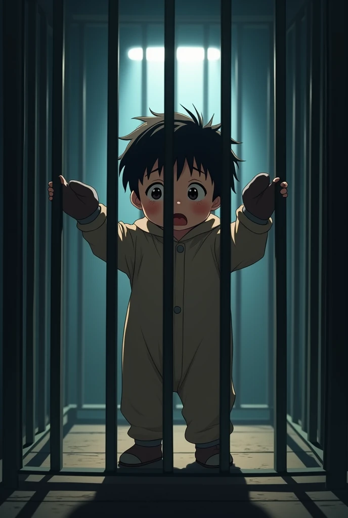 Cinematic anime style. manga art. TME0224 face, sad expression, (((a baby boy, 4 year old))) in a funny night (((wearing a baggy onesie with hands in mittens))), (((inside a tiny closed cage behind bars, standing with the arms sticking out))). cinematic lighting, drop shadow, masterpiece, UHD, anatomically correct, textured skin, super detail, high details, high quality, best quality, 4K, full body, standing
