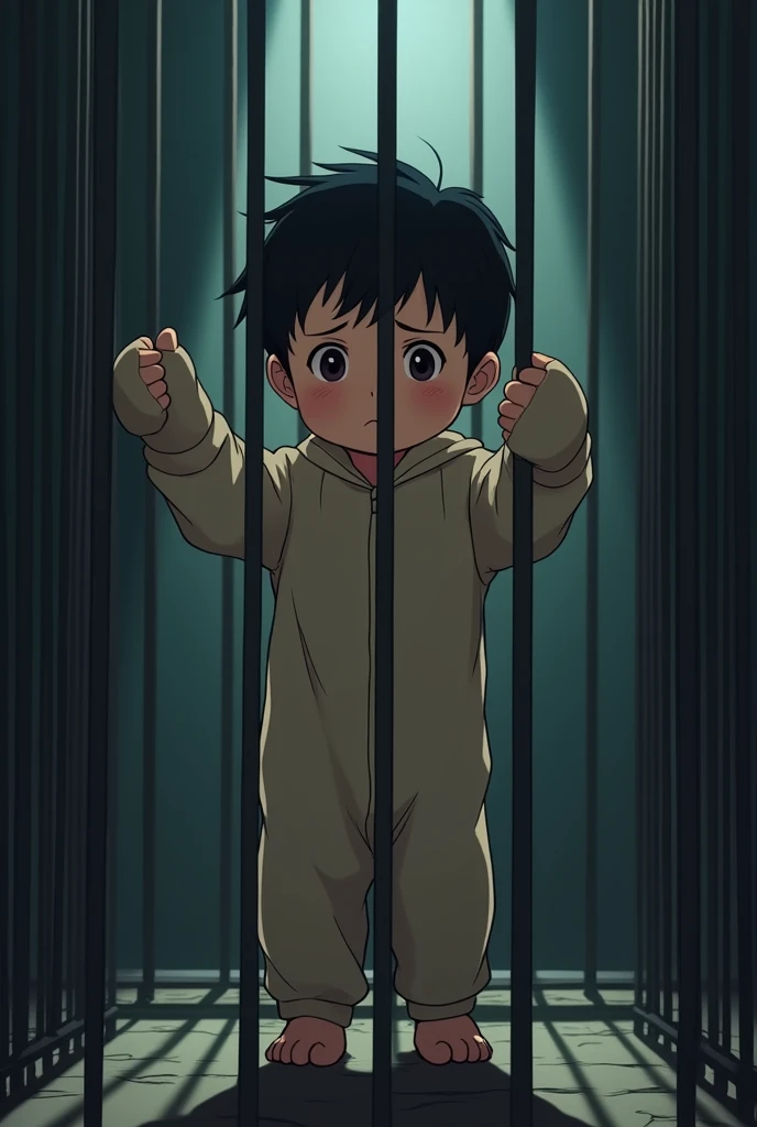 Cinematic anime style. manga art. TME0224 face, sad expression, (((a baby boy, 4 year old))) in a funny night (((wearing a baggy onesie with hands in mittens))), (((inside a tiny closed cage behind bars, standing with the arms sticking out))). cinematic lighting, drop shadow, masterpiece, UHD, anatomically correct, textured skin, super detail, high details, high quality, best quality, 4K, full body, standing