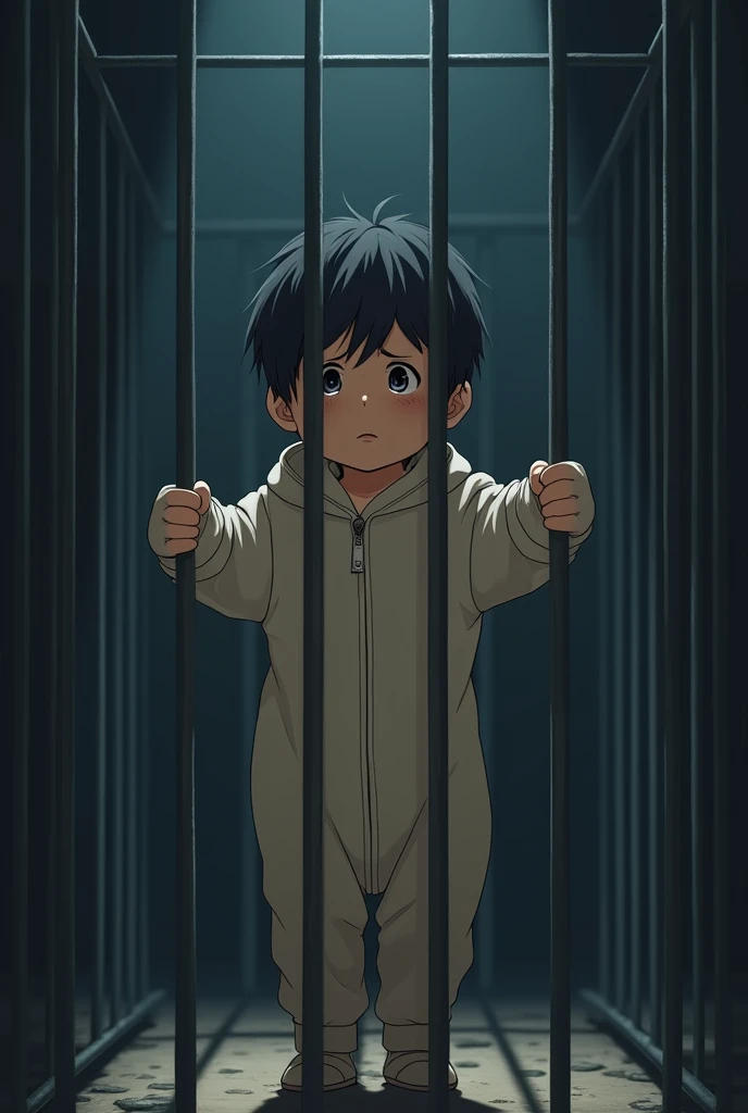 Cinematic anime style. manga art. TME0224 face, sad expression, (((a baby boy, 4 year old))) in a funny night (((wearing a baggy onesie with hands in mittens))), (((inside a tiny closed cage behind bars, standing with the arms sticking out))). cinematic lighting, drop shadow, masterpiece, UHD, anatomically correct, textured skin, super detail, high details, high quality, best quality, 4K, full body, standing