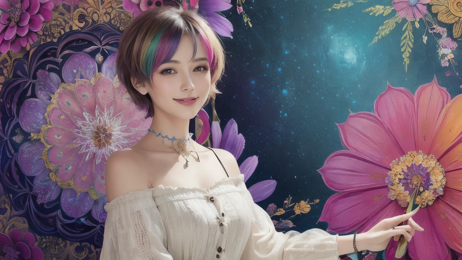271 (20-year-old woman,short hair), (masterpiece, Highest quality, beautiful:1.2), Very detailed, (Fractal Art:1.1), (colorful:1.1), (flower:1.3), whole body, (Abstract background:1.3), (Many colors:1.4), (Old-fashioned smile), (window)