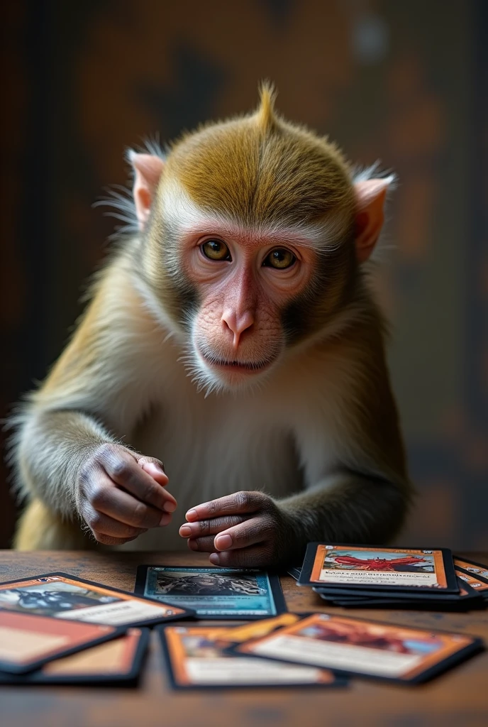 A very focused ey playing with Magic the Gathering card games, which are strategy games. The monkas creature and monster cards on the table and prepares to summon a card on the table.. The monkey heveral cards in his hand and on the table there are several cards stacked in a single deck.