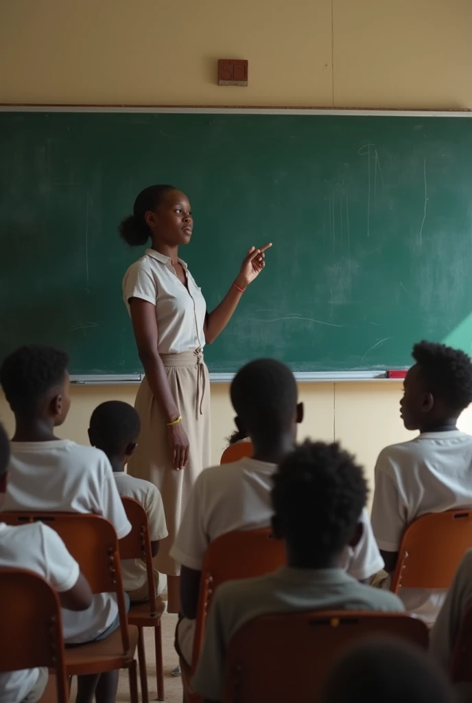 a teacher at the blackboard, standing teaching a class of light-skinned students in hq