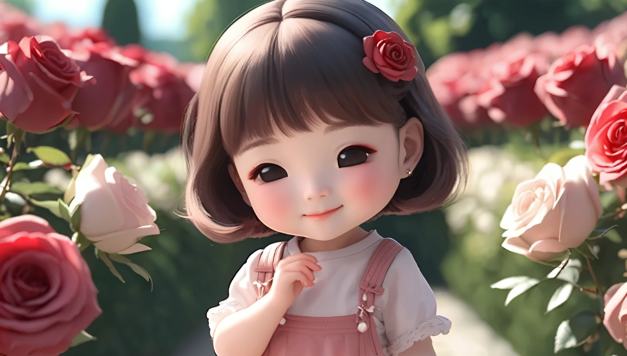 Photorealistic、Chibi Girl Doll(Smelling the scent of roses、Squinting、Cute Shoes、Standing posture、smile)、Rose Garden