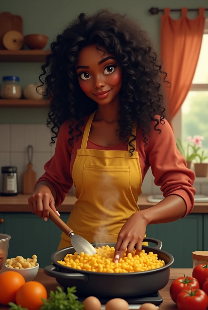 there is a black woman , the woman has curly black , she has brown skin, with dark brownish skin, with long curly, long black curly hydrated bouncy curls hair she is cooking mac n cheese