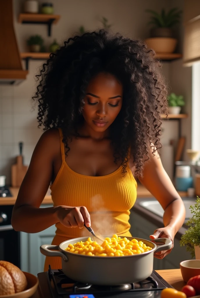 there is a black woman , the woman has curly black , she has brown skin, with dark brownish skin, with long curly, long black curly hydrated bouncy curls hair she is cooking mac n cheese
