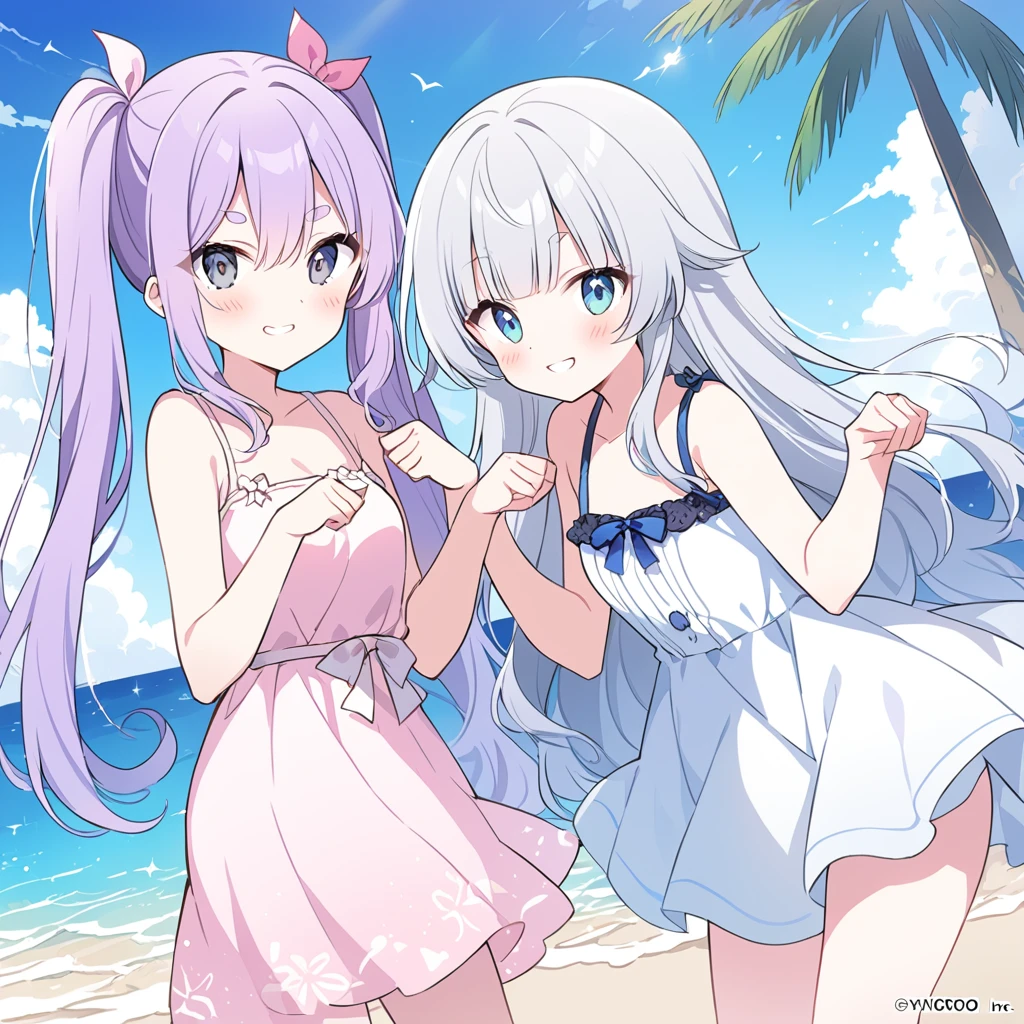 two girl,one girl with silver hair, long wavy hair, short eyebrows, bangs between the eyes, silver and blue eyes,evil grin,blush,paw pose, white sleeveless summer dress,
other girl with pale purple hair, low-twintail, blunt bangs, short eyebrows, green and black eyes,evil grin,blush,paw pose,pink sleeveless summer dress,
The background is sandy beach, blue sky, masterpiece, detailed line drawing, official art,
