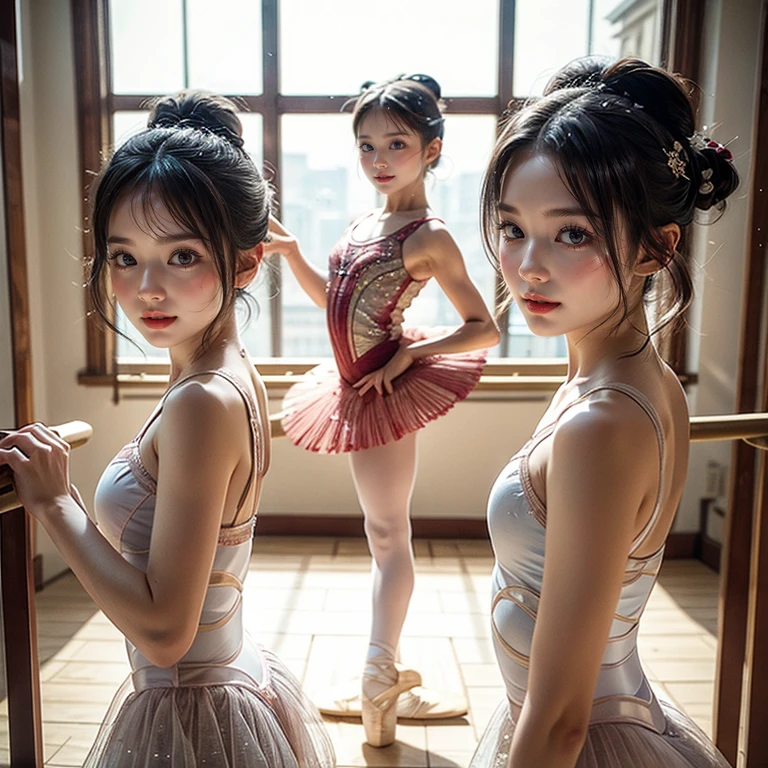 SFW, ExtremelyDetailed (((Ballet Dancer Team Kawaii Kids in a row:1.4))), Childish perfect face, Reflective Eyes, Detailed(Delicate Clothing textures), Corrected Leg to Foot Line, Corrected Childish Hand, Dynamic Joyful Expressions LifeLike Rendering, ((Specular Reflection:0.8)), TopQuality 8K Ultra-detailed masterpiece (ProfessionalPhoto:1.37)(Acutance:0.8),(Luminism:1.28), facing away (from side )  