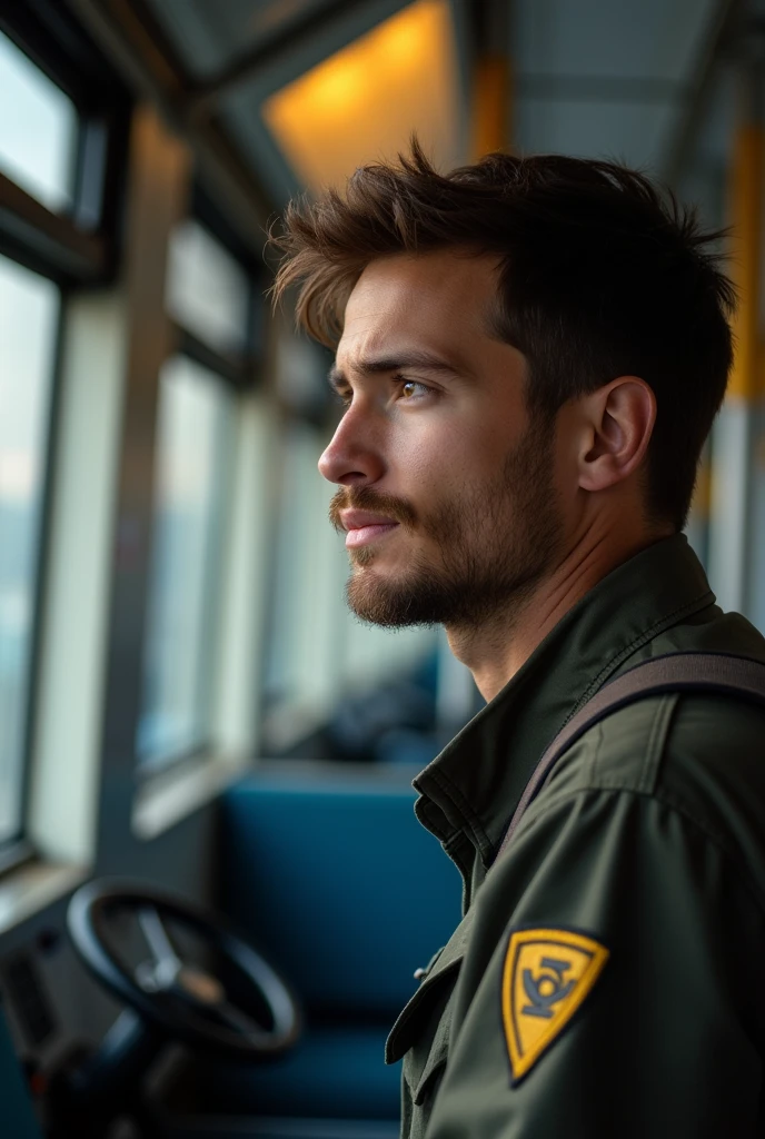 20 year old man with short brown hair talking to train driver who has black skin
