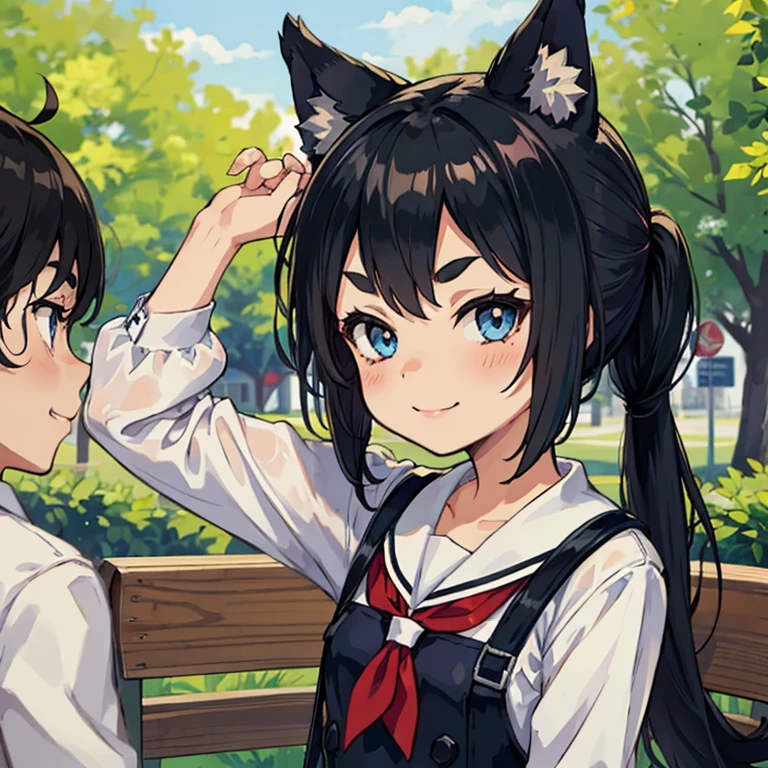 Young girl with black hair, long twintail, twintail hairstyle, (blue eyes), ((small bushy eyebrows)), (wolf ears up), wearing gothic lolita, lolicon clothes, going to school, dull eyes, dull face, going to school, flirtatious smile, small and perky breasts, in a park