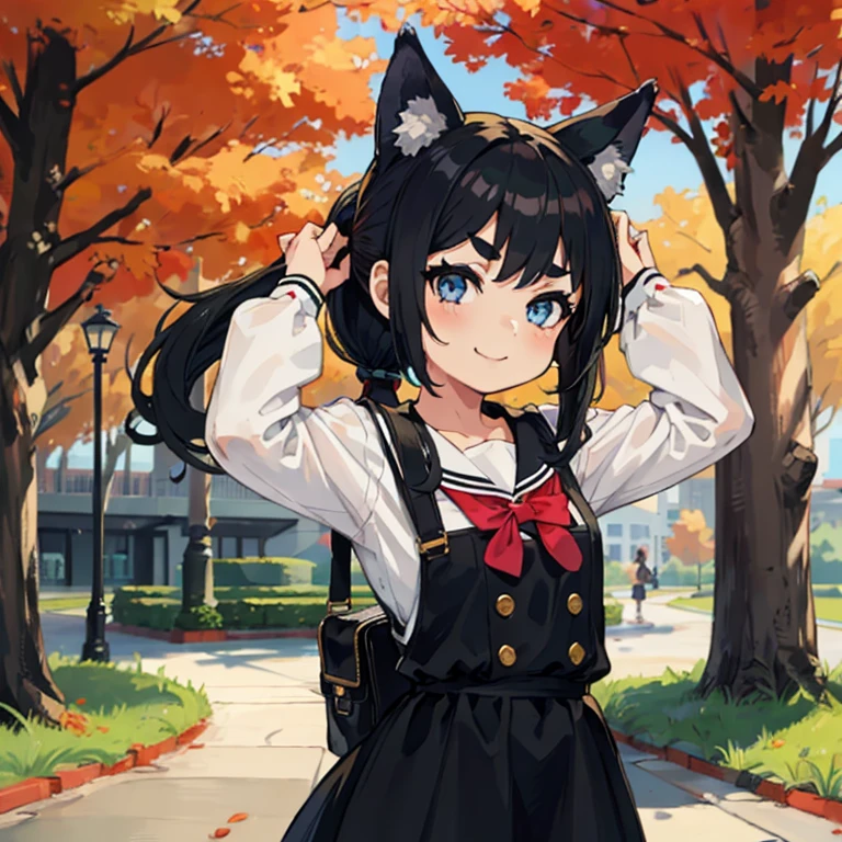 Young girl with black hair, long twintail, twintail hairstyle, (blue eyes), ((small bushy eyebrows)), (wolf ears up), wearing gothic ta, loliclothes, going to school, dull eyes, dull face, going to school, flirtatious smile, small and perky breasts, in a park