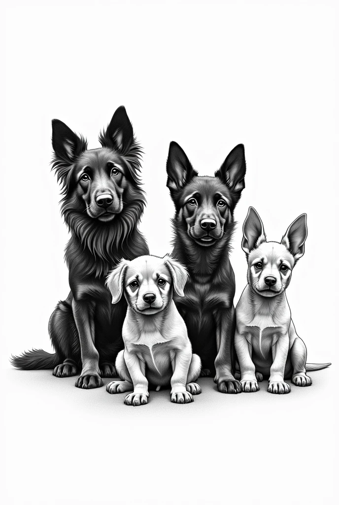 A picture of 1 medium sized male black cocker spaniel, 1 German Shepherd, 1 small cocker spaniel, 1 doberman grande, Do it like a freehand drawing, like black and white strokes. For a tattoo, everyone has their ears standing up.