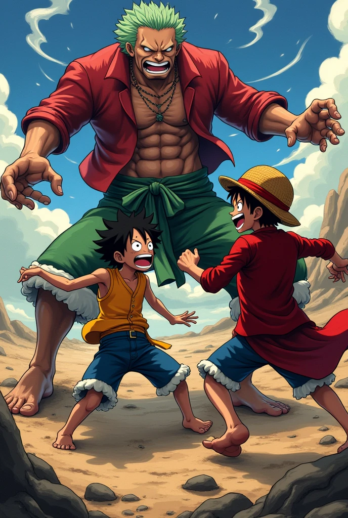 an image of tanjiro and luffy and zoro together fighting against kaido