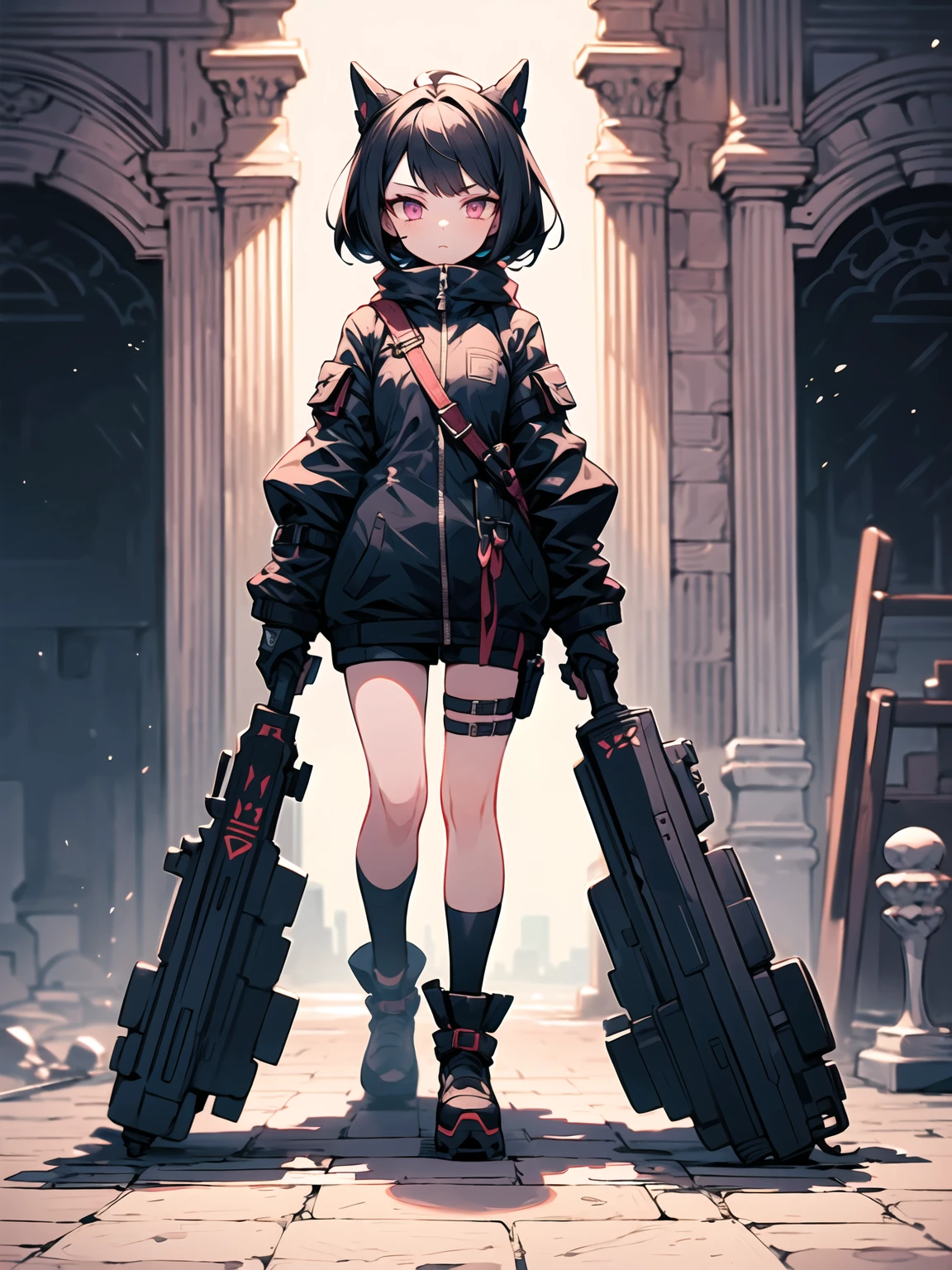 (((masterpiece, best quality, high detailed, 16k))) (1girl) A mysterious rogue with short, jet-black hair and striking violet eyes. She is dressed in a sleek, dark leather outfit that allows for swift movement, with hidden daggers strapped to her legs. Her expression is cold and calculating, and she holds a shadowy blade that seems to absorb light. ((full body view:1.4))