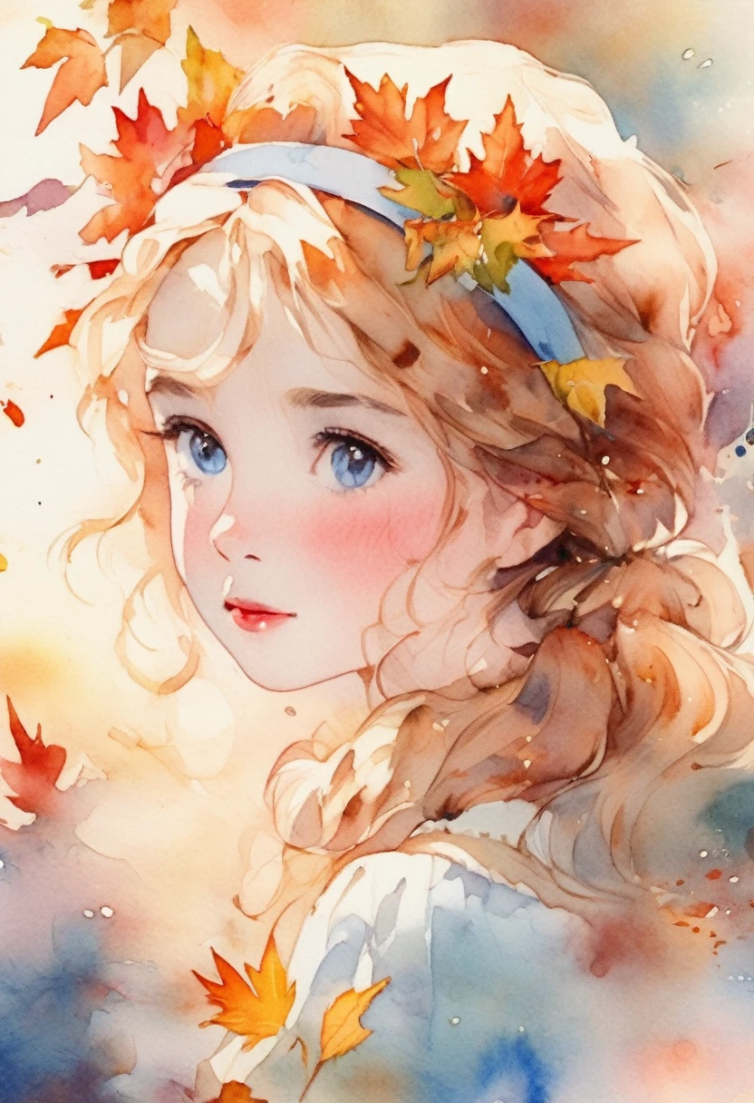 (8K, best quality, masterpiece:1.2),(best quality:1.0), (Ultra-high resolution:1.0), watercolor, Beautiful cute girl shoulders, Headband, Half-length portrait, Extremely bright design, Soft colors, (ink:1.3), Autumn Lights,