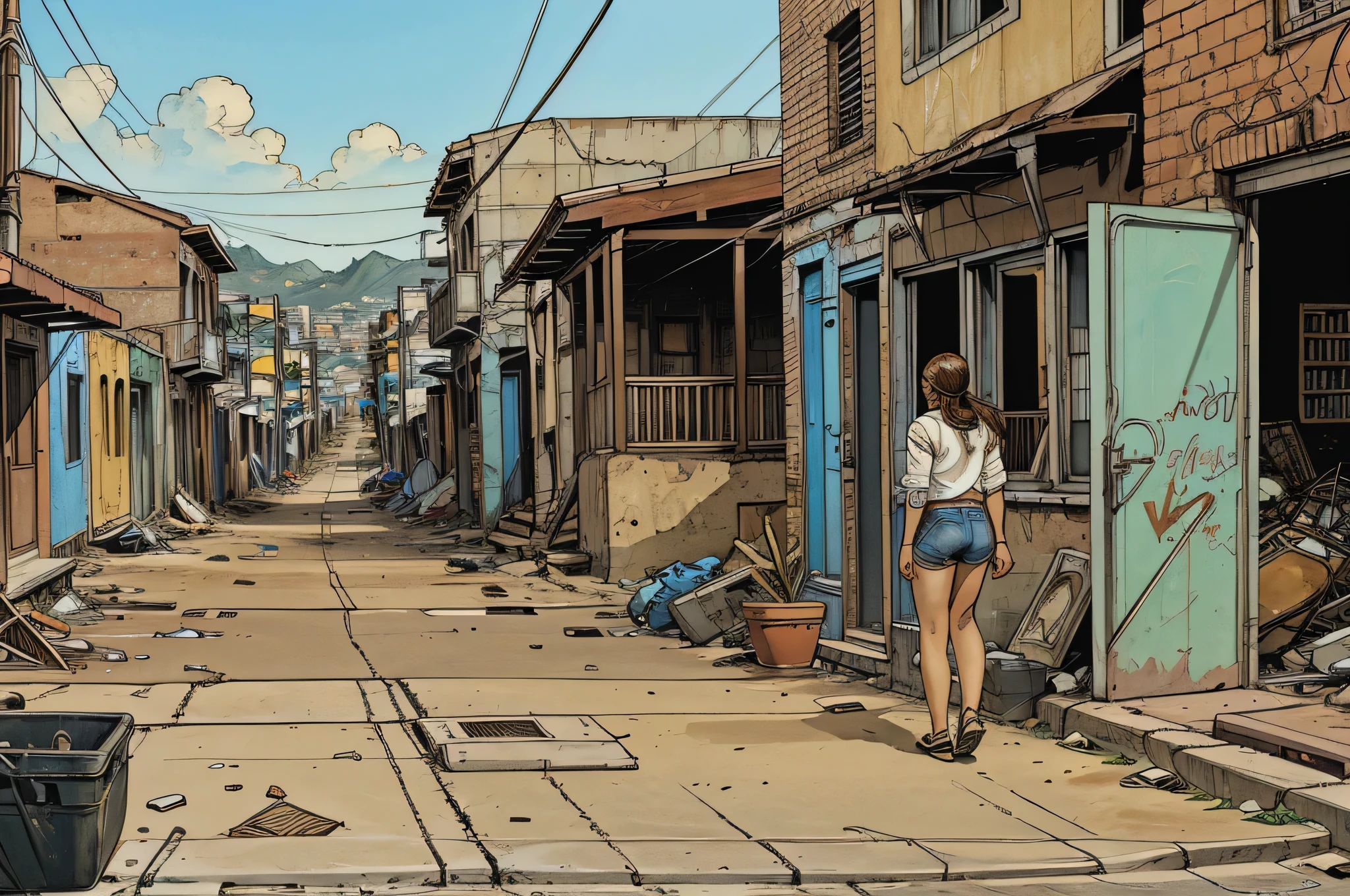 Brazilian favela, clear cloudless day, its warm sunny blue, dirty alley, brick houses, old car abandoned on the sidewalk, shacks, rubble, walls with graffiti, people walking, a woman wearing short shorts standing on the corner in the distance, Comics Americans, Comics Americans, Comics Americans, drop shadow, three sided view, Comics Americans , UHD, masterpiece, accurate, anatomically correct, textured skin, super detail, high details, high quality, award winning, best quality, highres