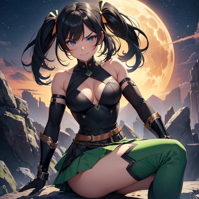 Absurdres, Masterpiece, anime, high quality, HD, best quality, perferct anatomy, simole background, cowboy shot, alone, front view
{{35 years old wrestle woman: (black medium-lenth straight hair tied on short twintails, 3 black hair forehead fringes, blue eyes with black pupils, fair skin, sharp nose, thick black eyebrows), tall body, medium breasts, voluptuous body, beautiful feminity, beautiful legs,(blue twintails ribbons), green thick bra, green neckbelt, white shoulder plates, green short skirt, green metal gauntlets, green steel elbow plates, green long boots, blue leggins),(calmed expression, funny open smile, wise and motherly demeanor, ready to fight on a wrestling deffensive combat pose),(dark orange sky, night day with dark orange sky, blue moon in the sky, illumination during night sky, black stone ruins, rocks and crystal spikes all around)}}