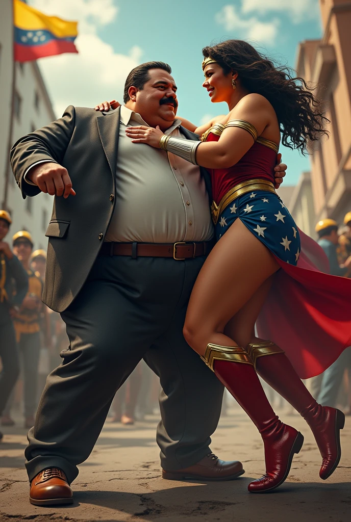 Generates the obese man with a mustache named Nicolás Maduro being beaten by María Corina Dressed as Wonder Woman dressed as Venezuela