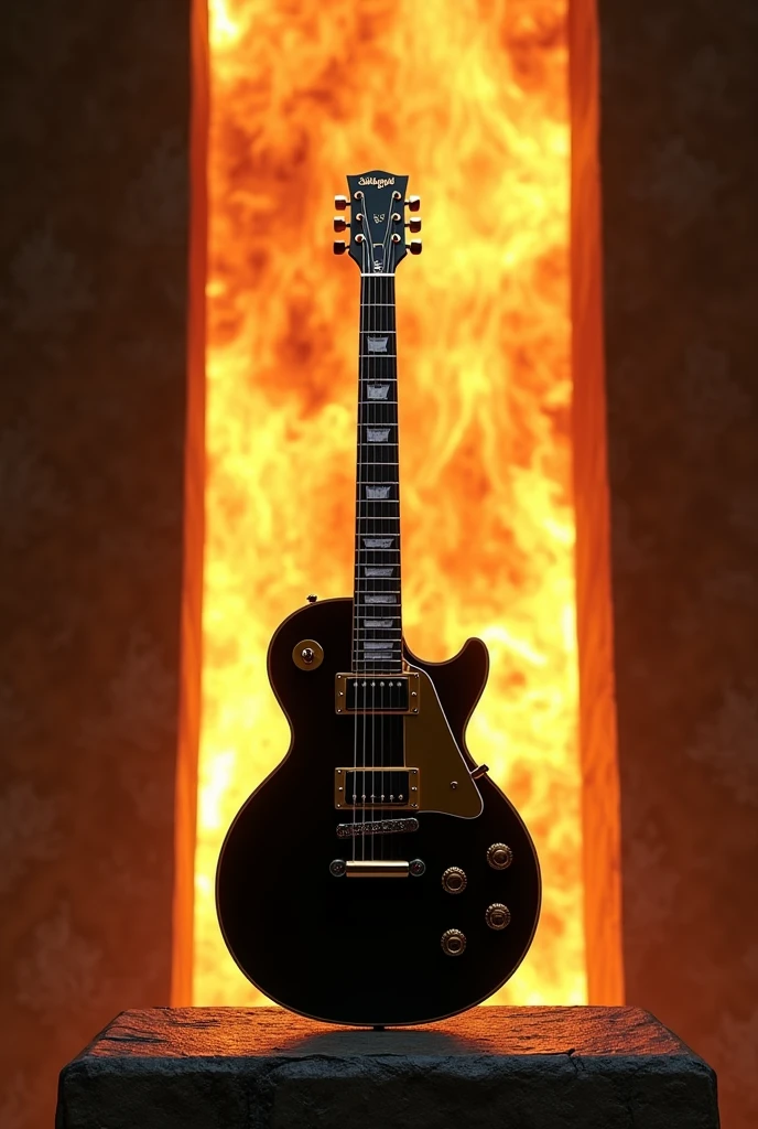 Les Paul electric guitar, black with white color, perfect proportions: 1,5, standing on an altar, wall of fire in the background. realistic art style.