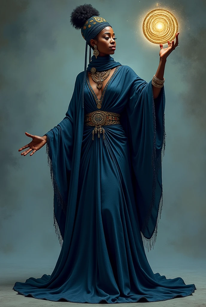 Orisha woman dressed in dark blue with a shiny spiral in her hand, uncrowned...