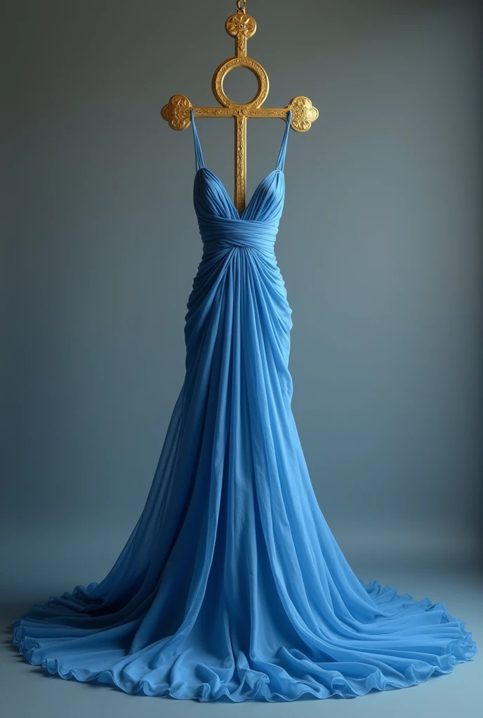 A blue wedding dress hangs from a golden Egyptian ankh cross object.、back ground gray,(foreshortening, Canon, anatomically correct, super detail, high details, highness)