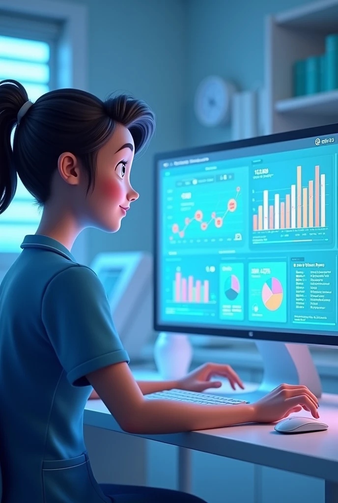 Animated graphic of a nurse reviewing data on a computer, with graphics and numbers on the screen.