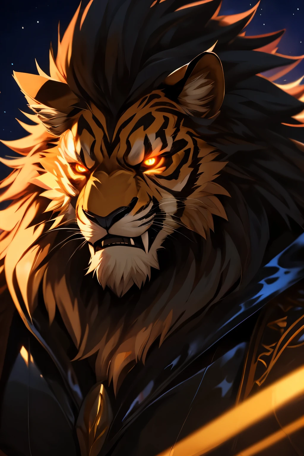 (best quality,highres:1.2),ultra-detailed,realistic,portrait,oil painting,latex,dominant,ferocious,glowing eyes,strong jaw,sharp fangs,mane,regal,prideful,king of the jungle,intense gaze,golden fur,muscular physique,powerful roar,rippling muscles,royal,commanding presence,nighttime scene,moonlit,adorned with symbols,strength,beauty.Warm-toned,colored lighting, dramatic shadows,contrast,vivid colors,deep blacks. Anthro style, Anime style