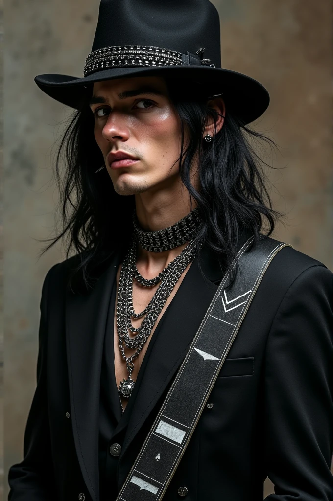 A handsome man with long black hair and a black hat with chains, black spike earrings, a black suit, chains and necklaces on the neck, a black guitar on the back with white,