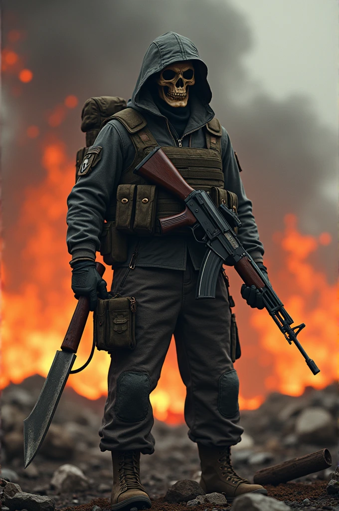 Russian-style military wearing a skull mask holding a machete and an AK-47 with a burning background in an apocalyptic scenario in the middle of a war