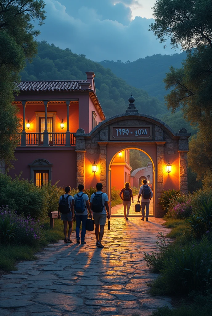 Hacienda in Mexico with an illuminated path with an empty wooden sign on the left side on which a group of adults are walking with backpacks on their shoulders and suitcases in hand, crossing a stone arch with the dates engraved 1999 - 2024
