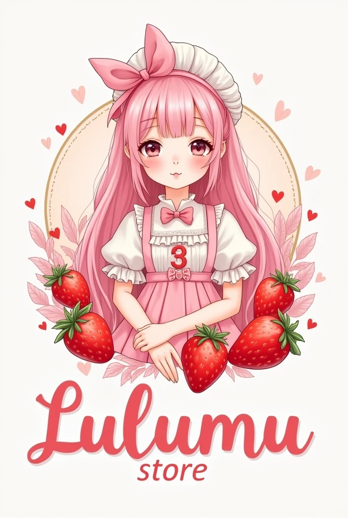 Create a logo for a brand called "Lulumu Store" that has pink colors, red , white, Strawberries drawn around and a girl with pastel pink hair dressed as a lolita