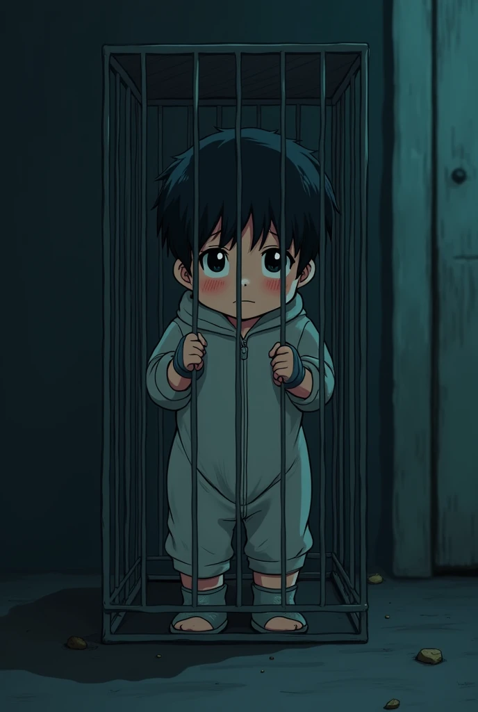 Cinematic anime style. manga art. TME0224 face, sad expression, (((a baby boy, 4 year old))) in a funny night (((wearing a baggy onesie with hands in mittens))), (((inside a tiny closed cage behind bars, standing with the arms grabbing the bars))). cinematic lighting, drop shadow, masterpiece, UHD, anatomically correct, textured skin, super detail, high details, high quality, best quality, 4K, full body, standing