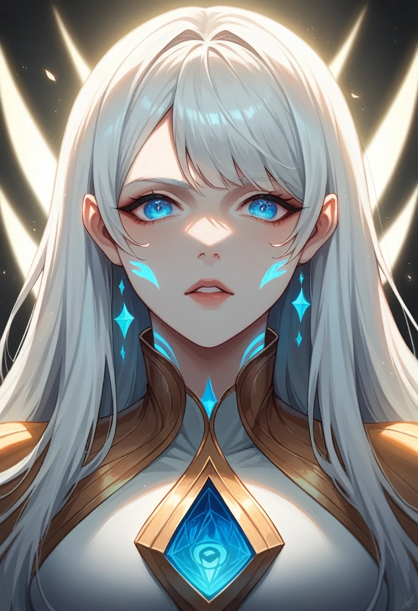 A detailed anime girl with beautiful blue eyes, long white hair, and a kind expression, digital illustration, (best quality,8k,highres,masterpiece:1.2),,(animephoto-realistic:1.37),stunning lighting, dynamic pose, vibrant colors, intricate details, , cinematic composition, symmetrical face, sharp focus, glowing skin, delicate facial features and bangs