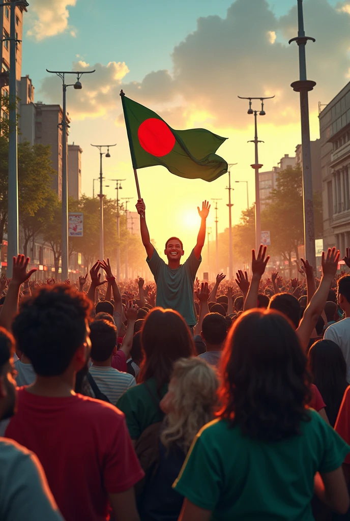 Let the journey of a new Bangladesh begin after the victory achieved as a result of the anti-discrimination student movement. Bangladesh's anti-discrimination student movement collapsed on August 5, 2024 with the resignation of the current government and Dr. Md. Yunus, one of the conveners of the student movement and their choice, was appointed as the head of the interim government. Please make an image in which all the people looks Bangladeshi and in all hands showing Bangladeshi flags