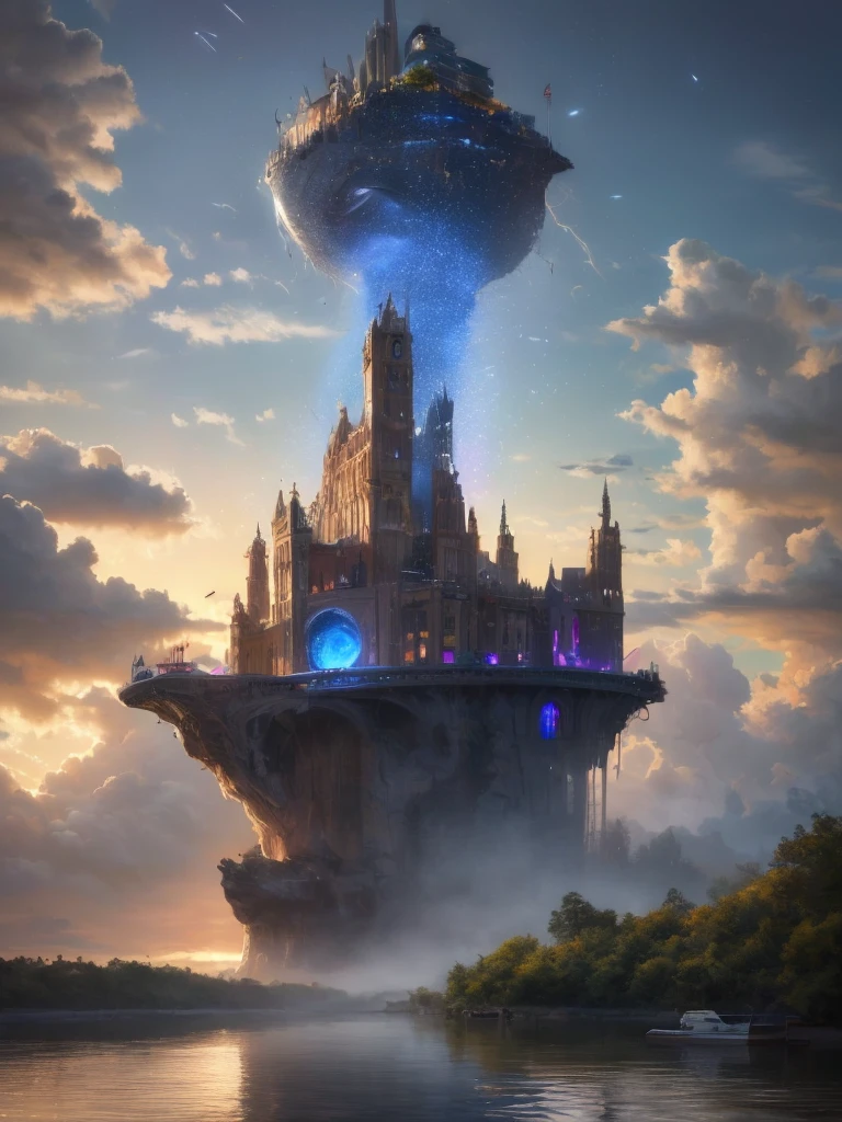 (8k, highest quality, masterpiece, final fantasy style: 1.2), (unRealistic, photoRealistic: 1.37), Dreamy landscape, Fantasy, Unsurreal landscapes, Super detailed, Flying Castle, Floating Island in the Sky, Seven-colored swirl of light, Intense lightning, nebulas, Complex Light, Colored light, Large Lake, Starry sky reflected on the lake surface, Countless shining stars, Meteors,  Reflections , (A pillar of light emanated from the ground:1,2), roses and orchids gardens , bright spring day, pink clouds, waterfalls in the sky, realistic style, Hyperrealism drawing, (a flying pirate spaceship floating high above the clouds, burning skyscrapers, cyborgs, timeless realms, stunning  princess standing   ,  casting spell, healing light magic effect, in a magical lagoon of the fairyland, crystal clear water surface reflections, sharp focus, looking at viewer, (close-up:0.9), (bright white theme:1.2), (bright white tone:1.2), (deep blue tone:1.3),((( realistic, Hyperrealism, vivid colours , landscapes , alien cyborgs , science fiction themes))), fairies and robots