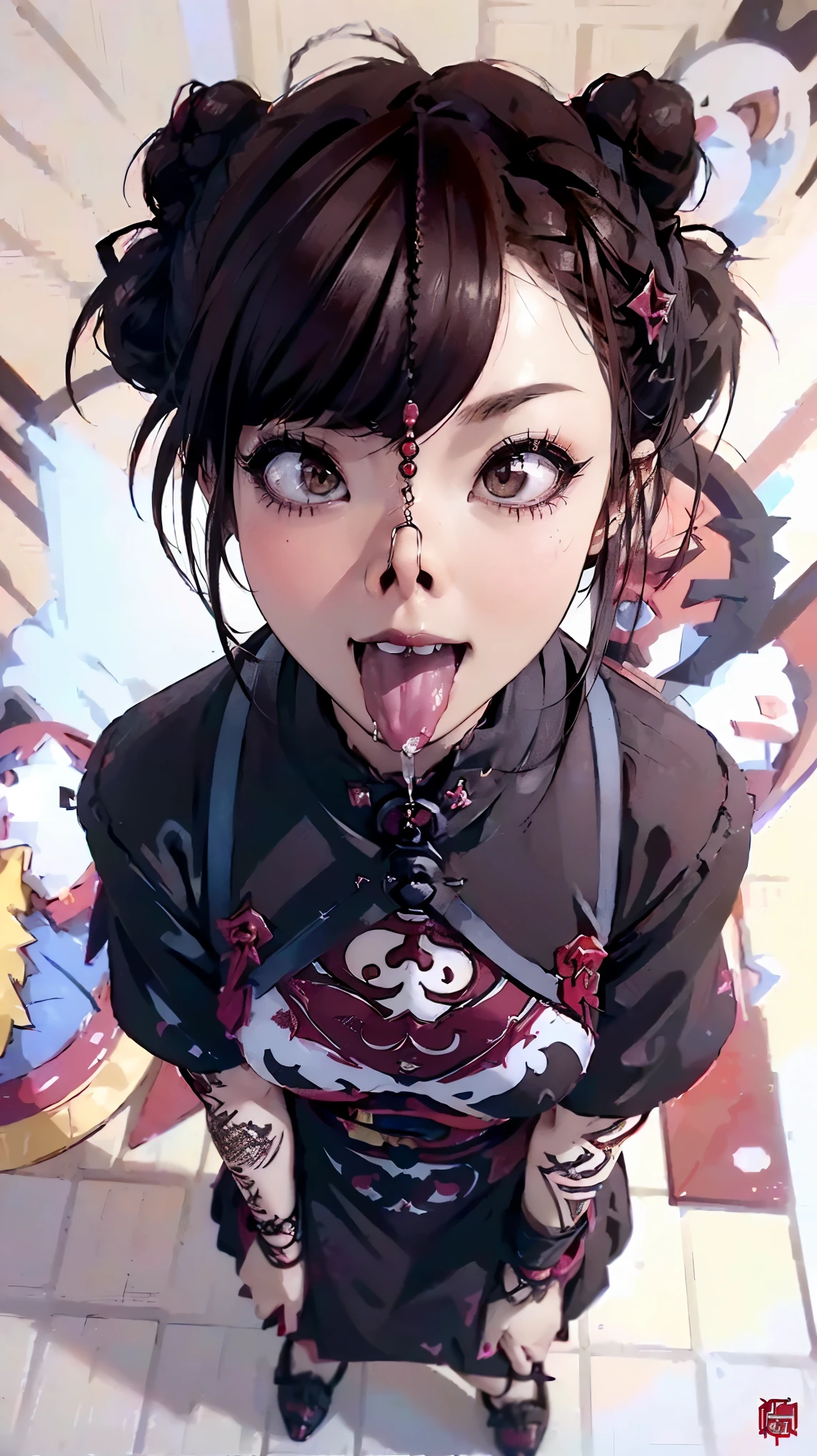 masterpiece, Highest quality, Highest quality, Realistic, (Close up on face, Sticking out a long tongue, Ahegao, Nose hook, Drooling:1.3), (beautiful girl, happiness, smile, Eyelash extensions, Gal Makeup), (Brown Hair, Bun Hair:1.3), (A red Chinese dress with a gothic punk twist:1.3), (Stand up with legs apart:1.3), (It is photographed from above:1.2)