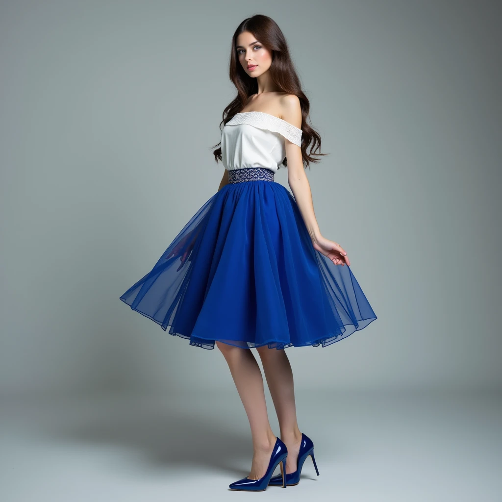 best quality,masterpiece,Ultra-high resolution,(actual:1.4),original photo,Ultra-high resolution，8k，woman，A head of waist-length hair.clear hair.White skin，Sophisticated makeup，royal blue skirt:1.5. High heel，long legs，bright and beautiful，