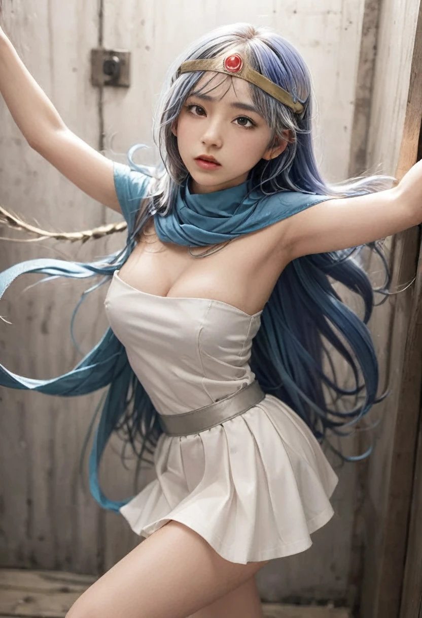 (masterpiece, Highest quality:1.1), （real:1.9）priest \(dq3\),A girl covered in scratches and bound with rope, alone, Blue Hair, ,（Circlet:1.9）, A white miniskirt tube top dress ripped to shreds,（More and more clothes are torn off, exposing skin.:1.9） 、（More and more damage is done and clothes are torn.:2.９）、Torn elbow glove, （Overflowingly large breasts:1.9）, Holding, staff,, prison、（My whole body was whipped and covered in scratches.:1.９）、（Close your eyes tight:1.２）、（I turn my face up more and more and suffer:1.７）、（Embarrassed and blushing:1.５）、（Tears of frustration:1.５）、（She is covered in blood and mud:1.8）、（Sweaty body:1.9）、（More and more of her body is bound with a lot of rope.:1.９）、（The body is bound:1.９）、（（（More and more of her clothes are torn off, exposing her underboobs.:2.9））） 、（More and more damage is done and clothes are torn.:3.９）、（Her skirt gets shorter and shorter as it is torn, revealing her white high-leg panties:1.９）、（More and more my clothes were torn off and I was practically naked:1.9）、（She creates a whirlwind around her:1.9）、（Drooling:1.9）、（（Being strangled:1.９））、（Plump body:1.９）