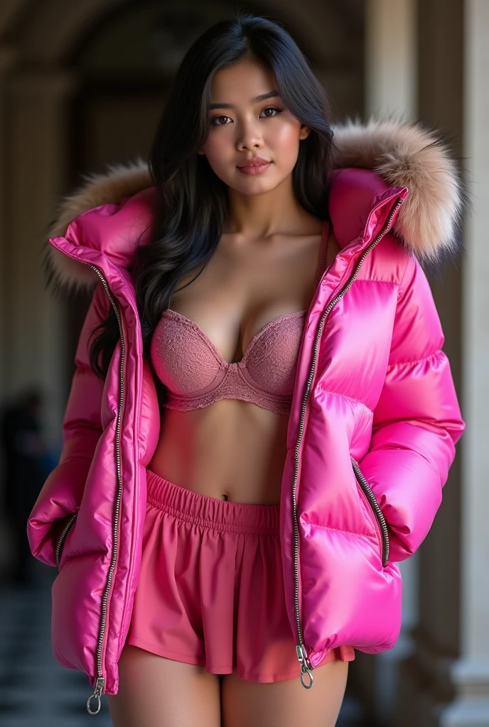 ((best quality)), ((masterpiece)), (detailed), perfect face, beautiful Malaysian 16 year old woman, silk tight hot pink moncler puffer coat, seductive,  aroused, curvy figure, ((tight puffer coat)), fur hood, red silk bra, large breasts, (open coat), cleavage, thick bra straps, photograph, shiny coat, satin, soft to the touch, pleated short silk skirt, silk tights