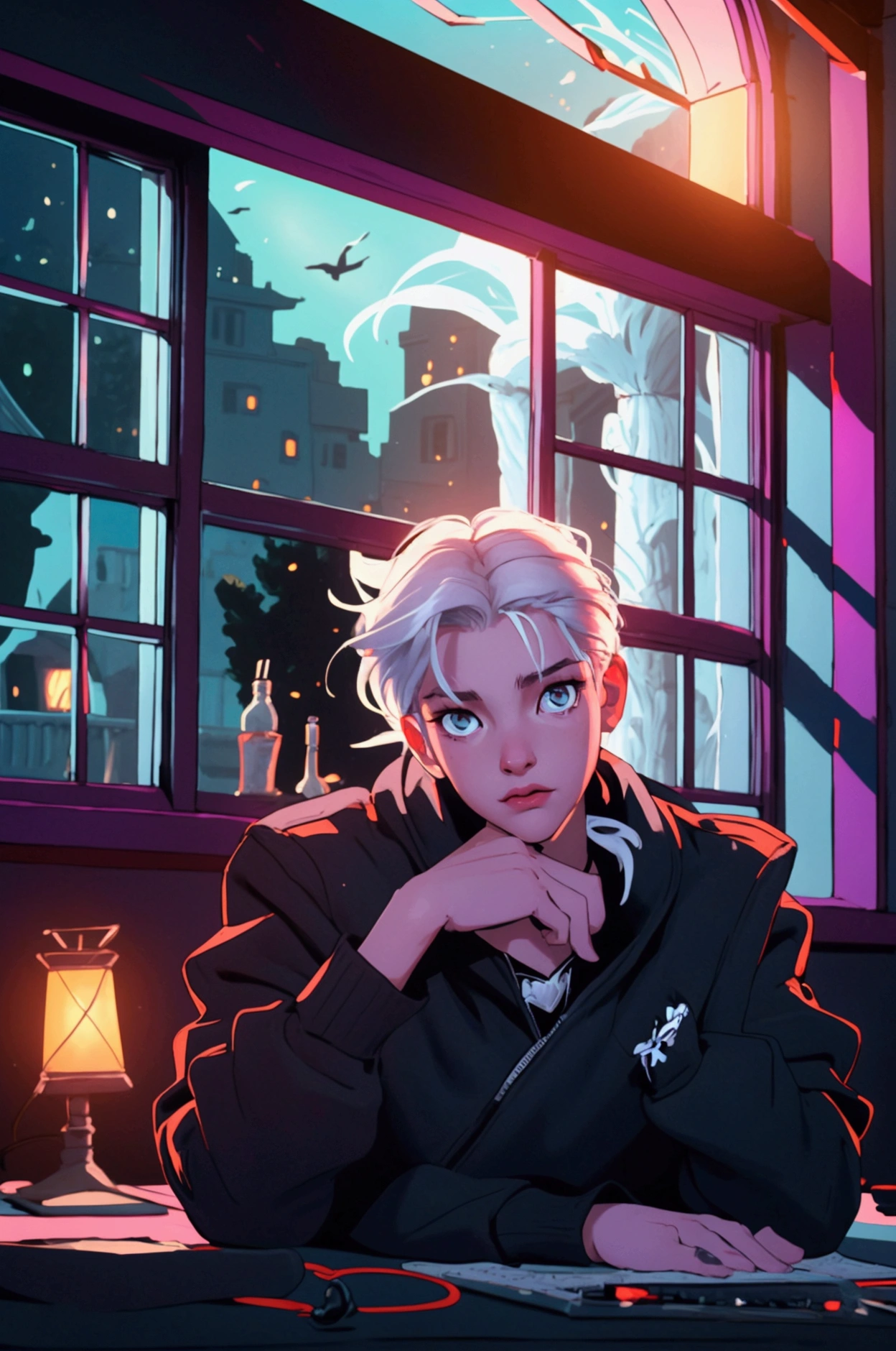 Create an image of a ager who looks like an 18 year old.white hair,studying on your computer which is being lit by a lamp above the computer. In the bedroom window is your black cat lying on the window looking at the horizon.