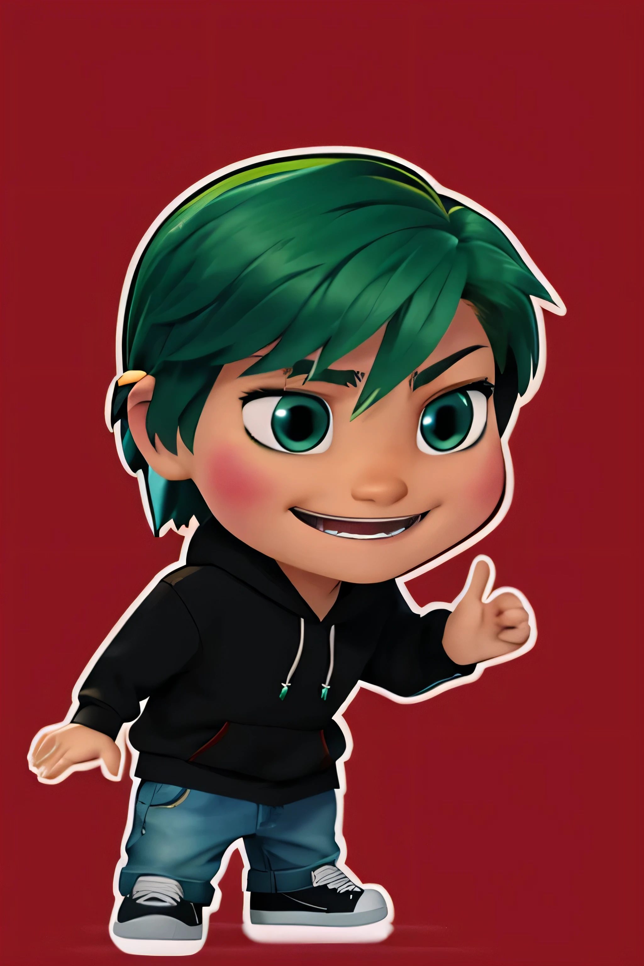 make avatar chibi boy with green hair, wear hoodie, background blank, laugh