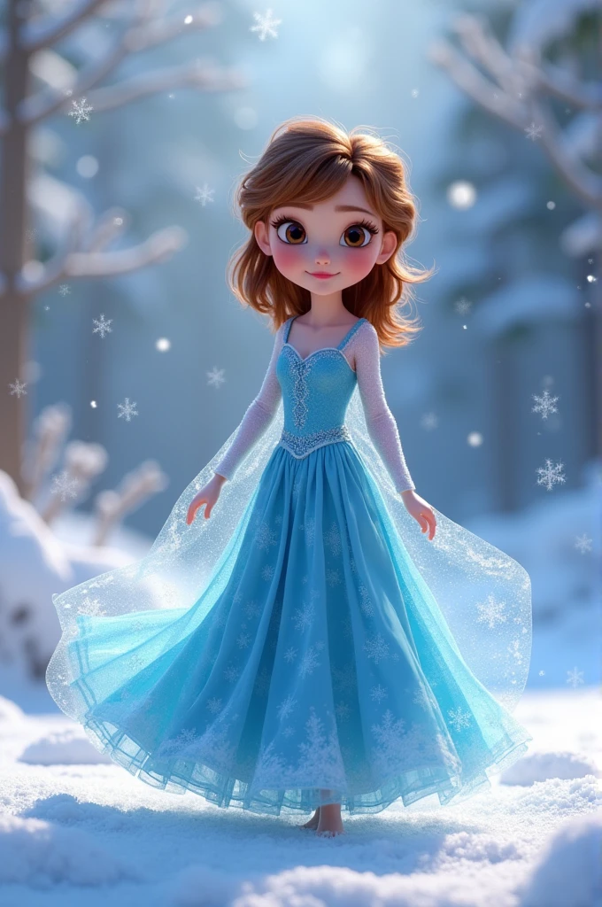 one , Pixar-style, eyes browns, shoulder length hair and bangs, in brown color, wearing a blue dress like Elsa from Frozen, in a snowy setting.