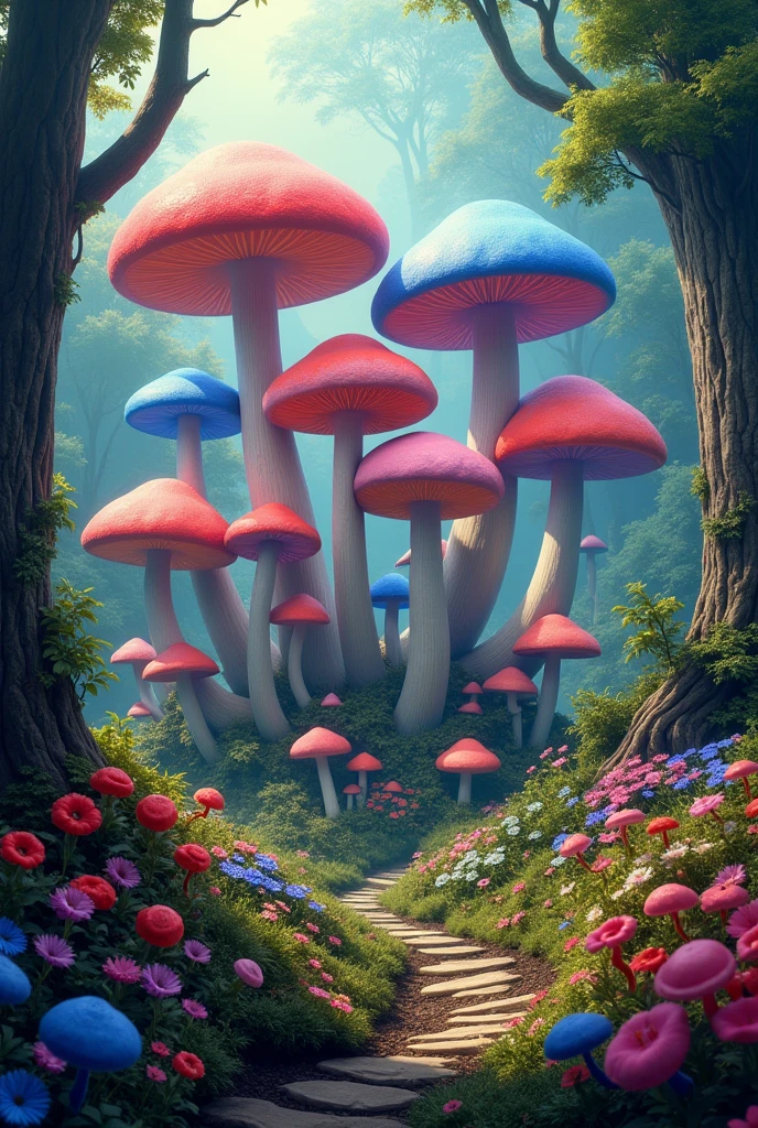A movie poster, with giant mushrooms of various colors, in a forest with flowers of various species and colors,like red,blues and pinks, and the title "wonderland "