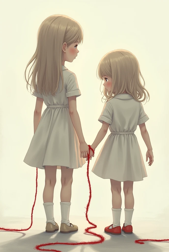 Two girls with their backs to each other and a red thread connecting their little fingers, but it is impossible for them to touch each other. 