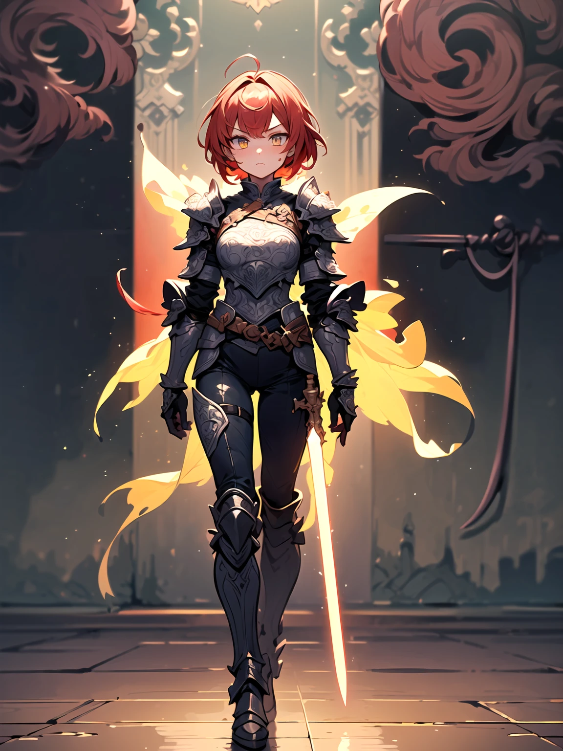 (((masterpiece, best quality, high detailed, 16k))) (1girl) A fierce warrior princess with fiery red hair braided with golden threads, wearing a dazzling suit of obsidian armor decorated with intricate gold filigree. Her piercing amber eyes burn with intensity as she wields a double-edged sword that glows with a mystical light. ((full body view))