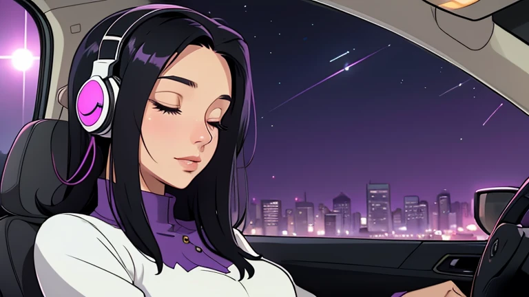 Beautiful woman in her 30s with black hair is sitting with headphones in a car. Looking down, eyes closed, LOFI girl, relaxing mood, cozy, only five fingers,Well-proportioned face, female Beautiful fingers, summer, purple blouse, mid night, Outside the window is a night view, Calm expression, he is sleeping comfortably , She can't see her legs, colorful