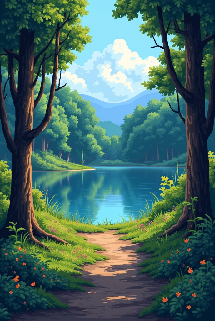 I draw a lush forest with a mud path leading straight to a lake in pixel art style and with a satellite perspective