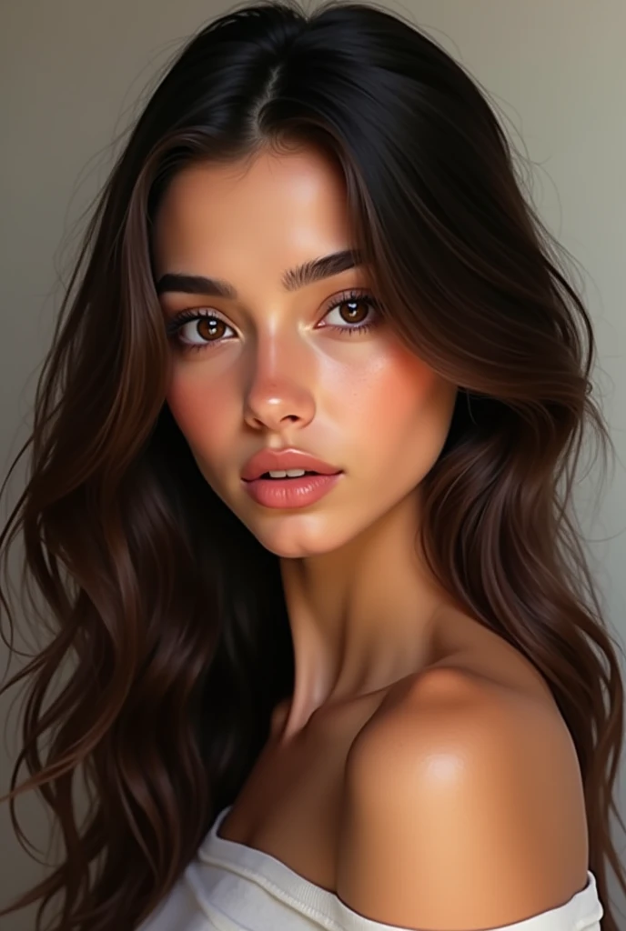 Girl with white skin and Venezuelans traits, oval face,  long wavy dark brown hair, brown eyes, long nose, big lips, with a height of 5”8” ft weight 144ibs with a normal complexion 