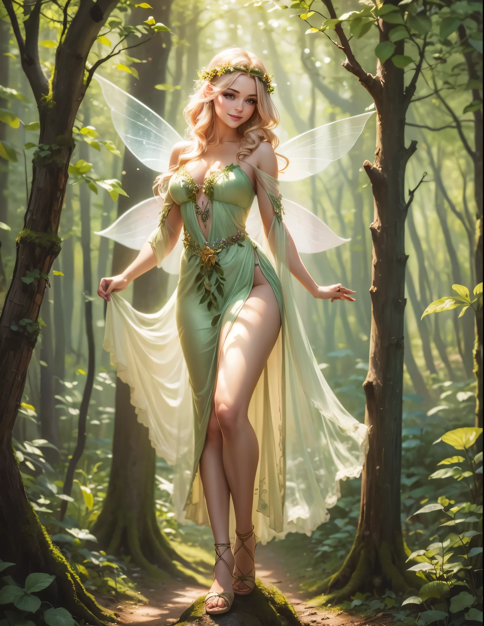 a painting of a woman in a dress standing in the woods, portrait of a fairy, forest fairy, fey queen of the summer forest, portrait of fairy, forest fae, smiling as a queen of fairies, fairy aesthetics, beautiful fairy, queen of the fairies, faerie, beautiful fairie, beautiful fairies, goddess of nature